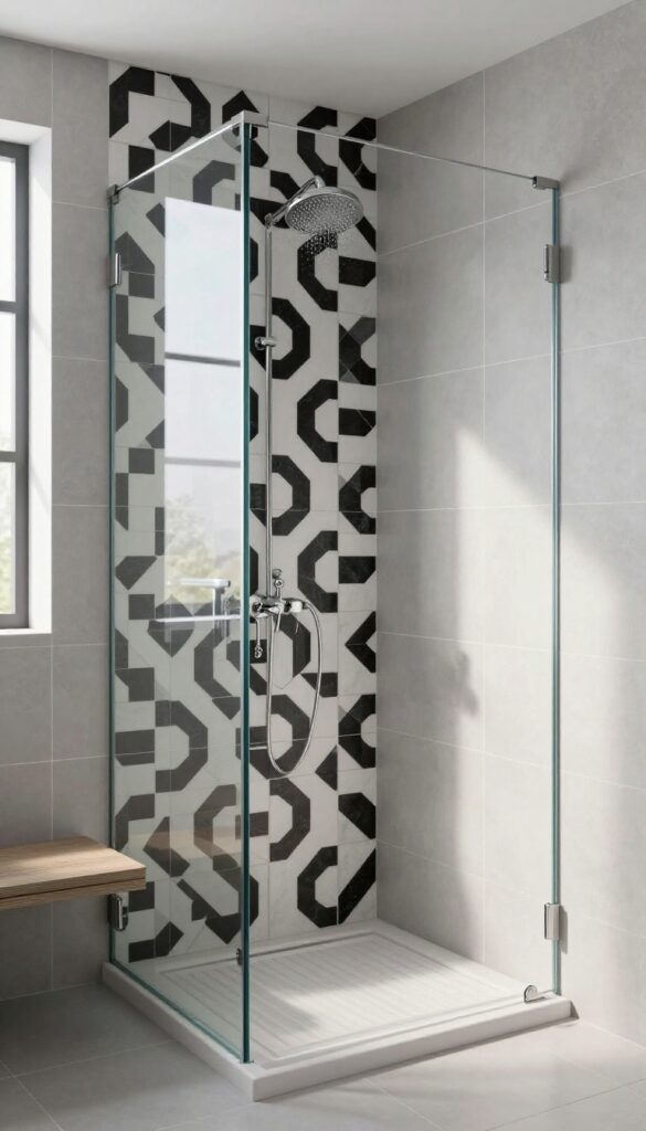 Small shower with bold patterned accent tile and light neutral walls