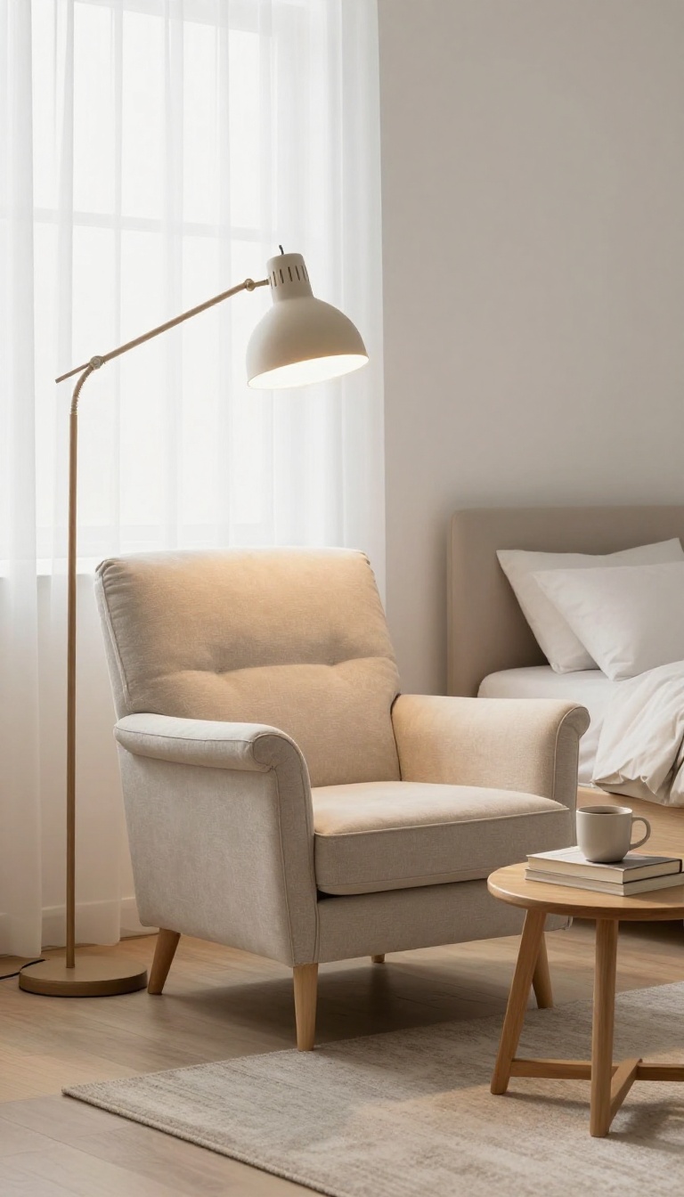 Cozy reading nook with armchair, lamp, and side table near window in small bedroom