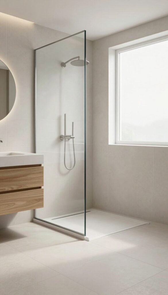 Curbless shower with low-threshold base and seamless tile floor in a bright modern bathroom