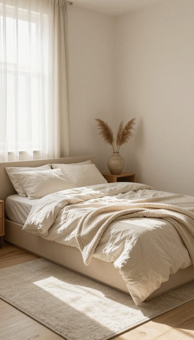 Small bedroom with minimalist neutral palette, layered linen bedding, chunky knit throw, and wool rug in soft creams and beiges, bathed in natural light.
