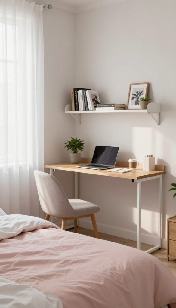 Small bedroom with a wall-mounted desk and floating shelf, styled as a cozy workspace with a chair and personal decor.