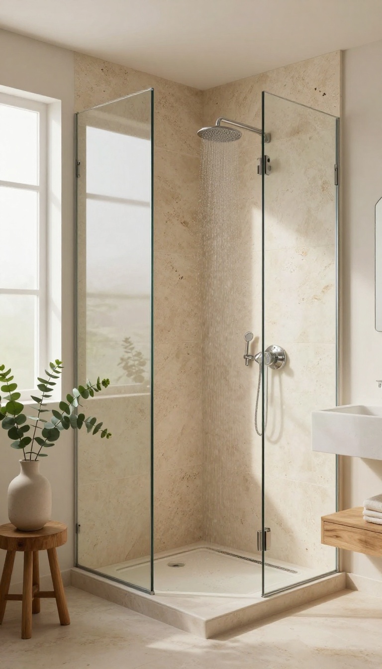 Natural stone tub shower with travertine walls and rainfall showerhead in a bright spa-like bathroom