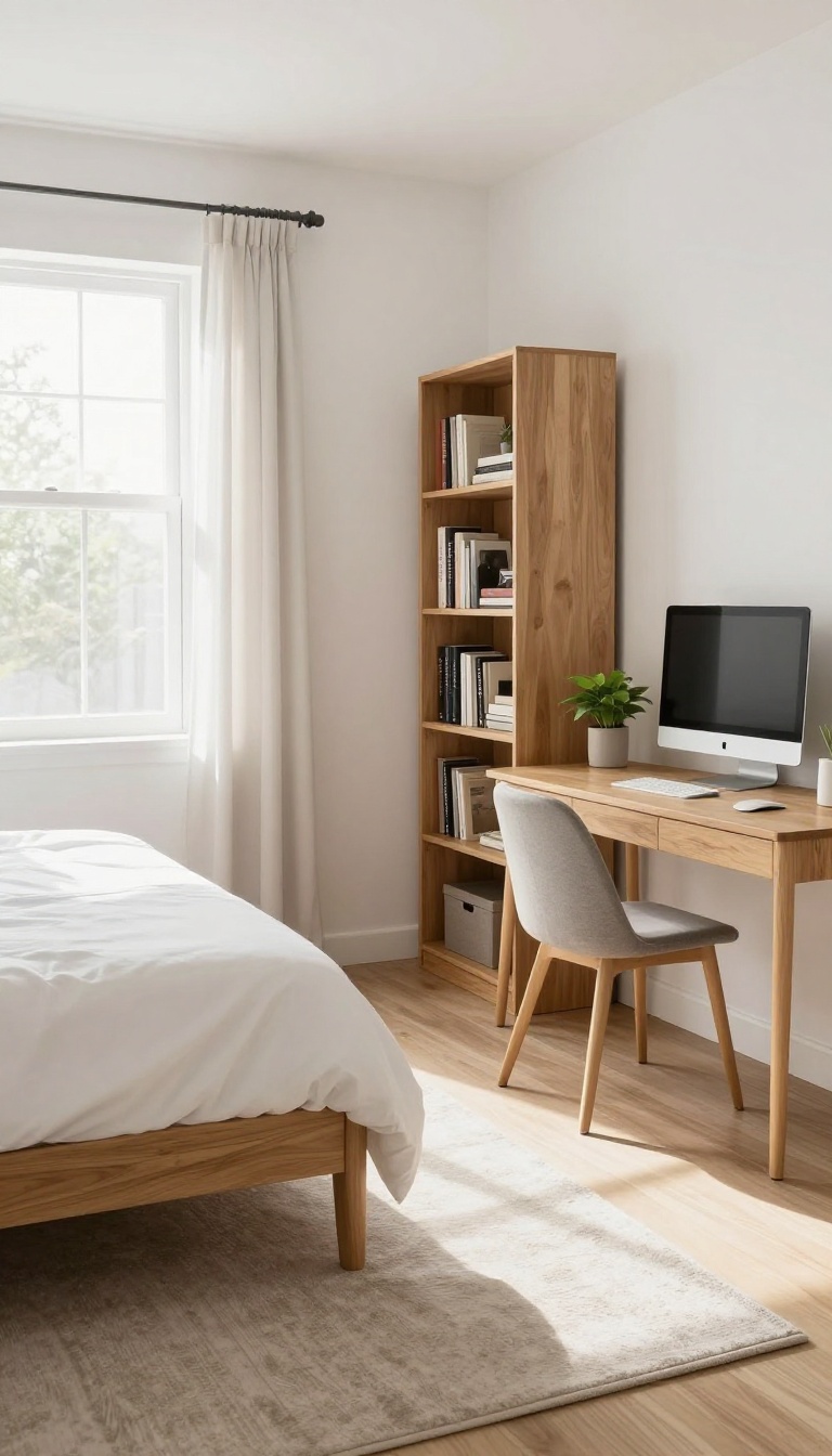 Symmetrical guest bedroom office combo with bed on left and desk on right, divided by a central rug and a sheer curtain