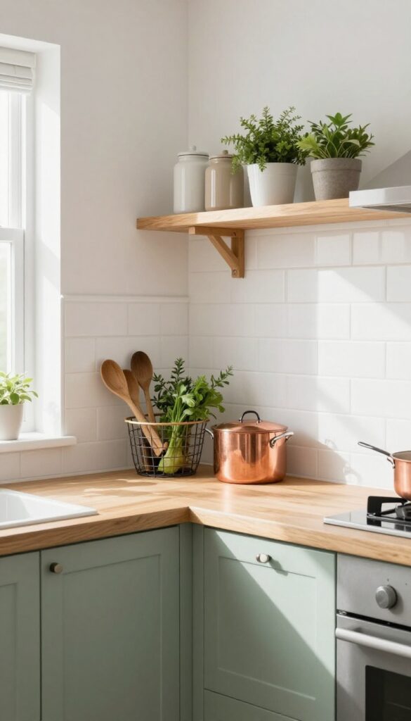 Sage green pegboard in a bright kitchen with hanging copper pots and wooden utensils, styled with a small shelf and plants.