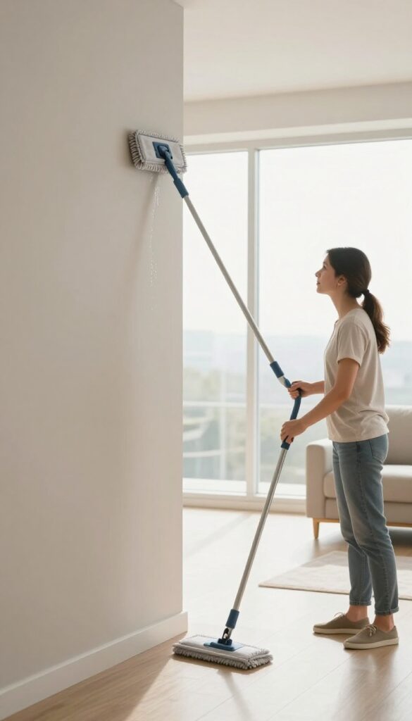 Person using a spray mop to clean a high wall in a bright room