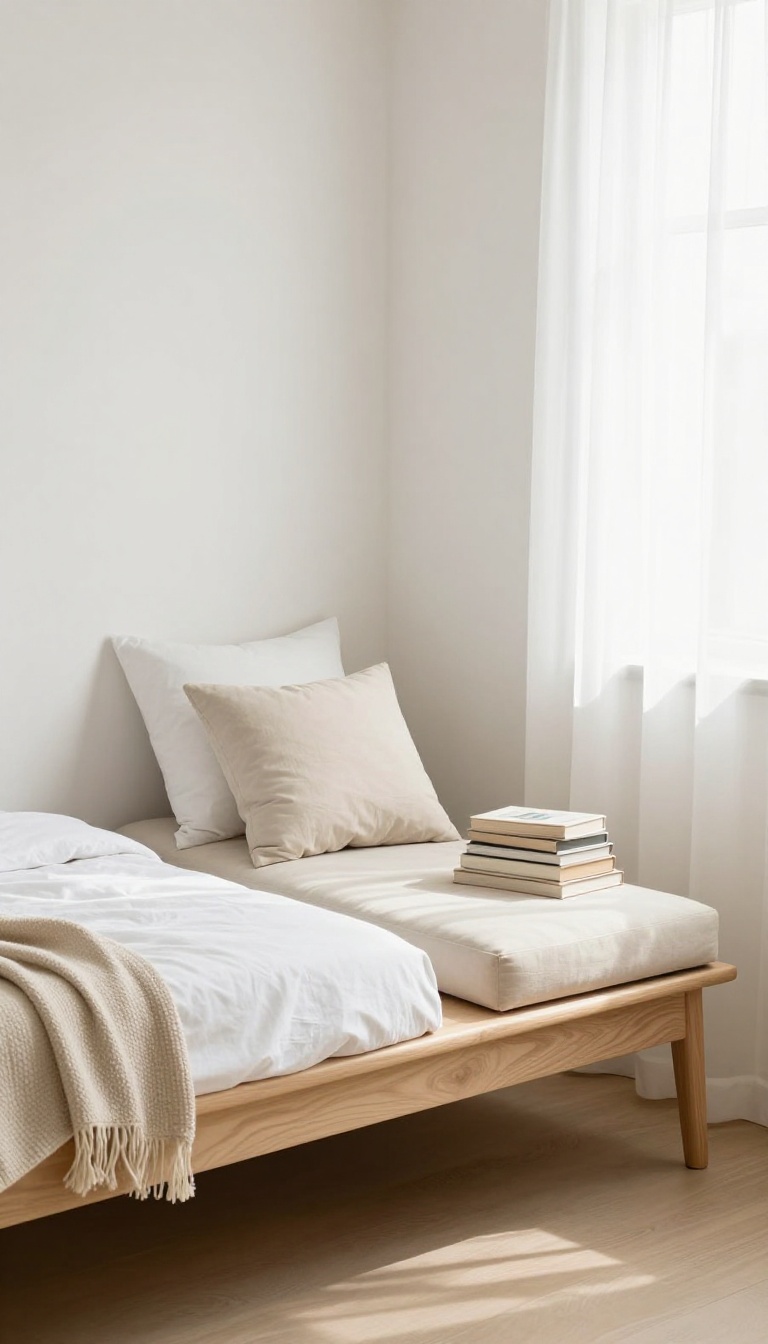 A slim bench at the foot of a bed in a bright, minimalist couple's bedroom, styled with a throw and books.