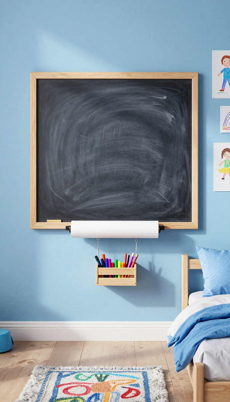 Wall-mounted art station in a boys bedroom with chalkboard, paper roll, and supplies