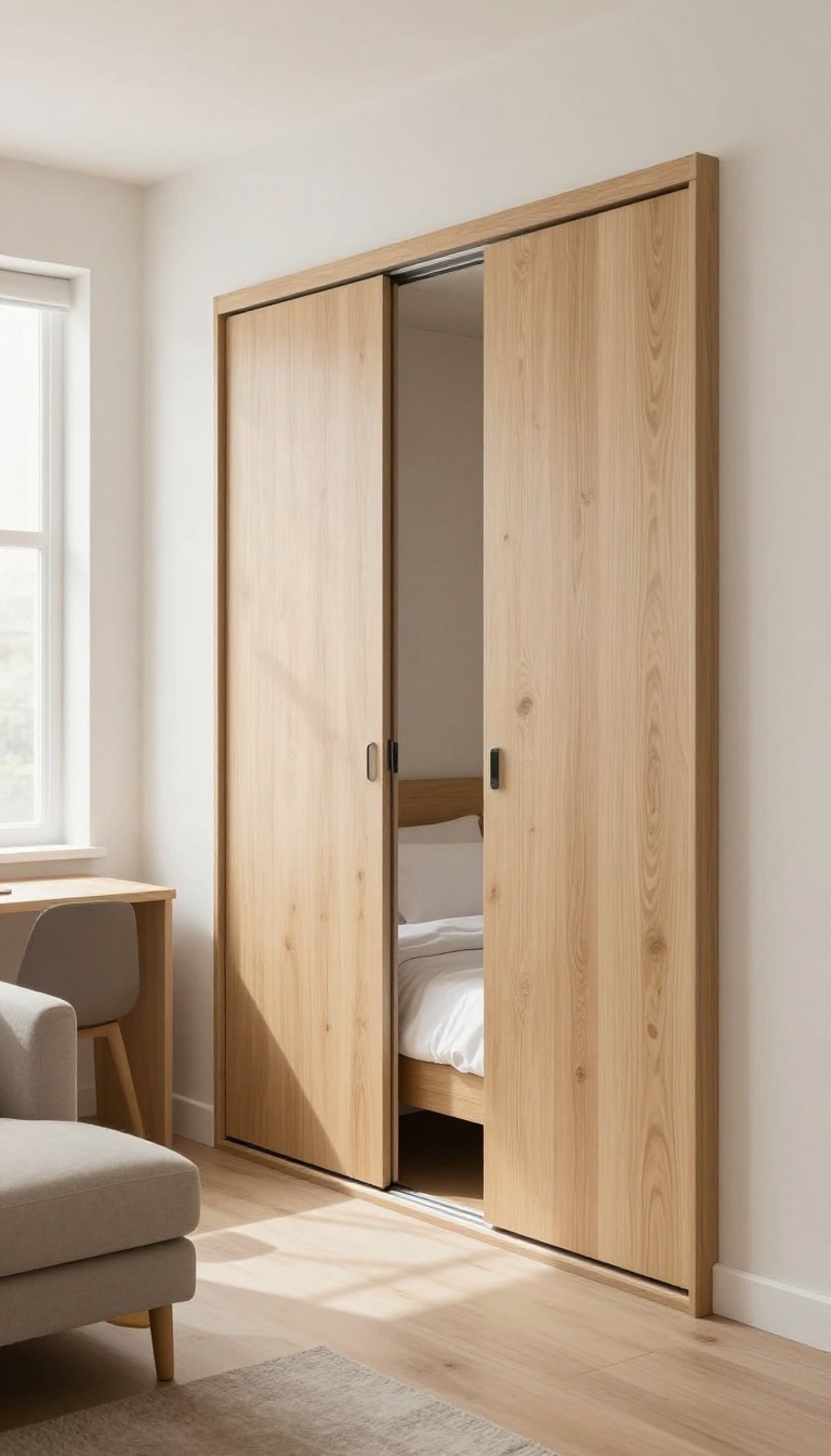 Wardrobe used as a room divider in a studio apartment, creating a separate sleeping nook