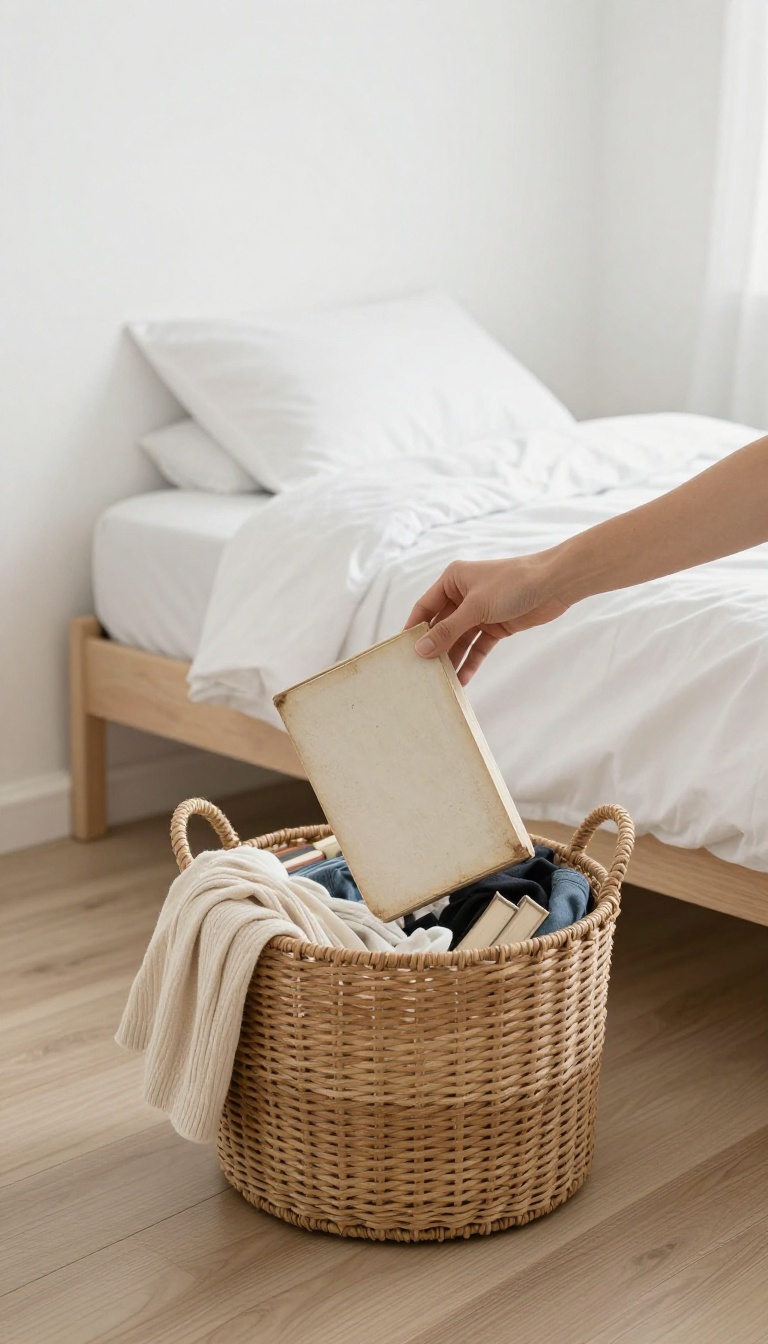 A person practicing the one-in-one-out rule in a small, organized bedroom, placing an old item into a donation basket.