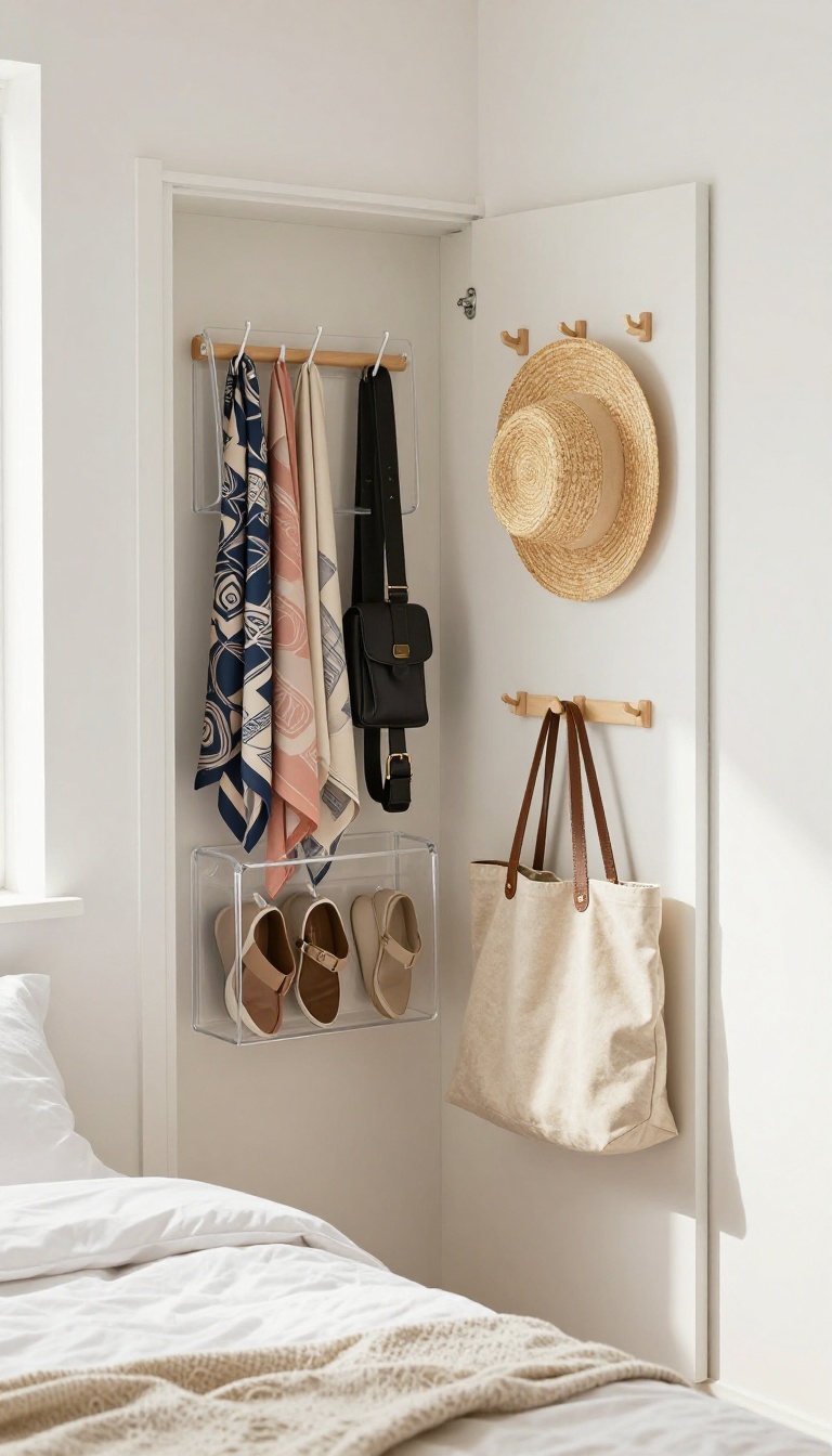 Back of closet door with over-the-door organizers and hooks for vertical storage in a small bedroom