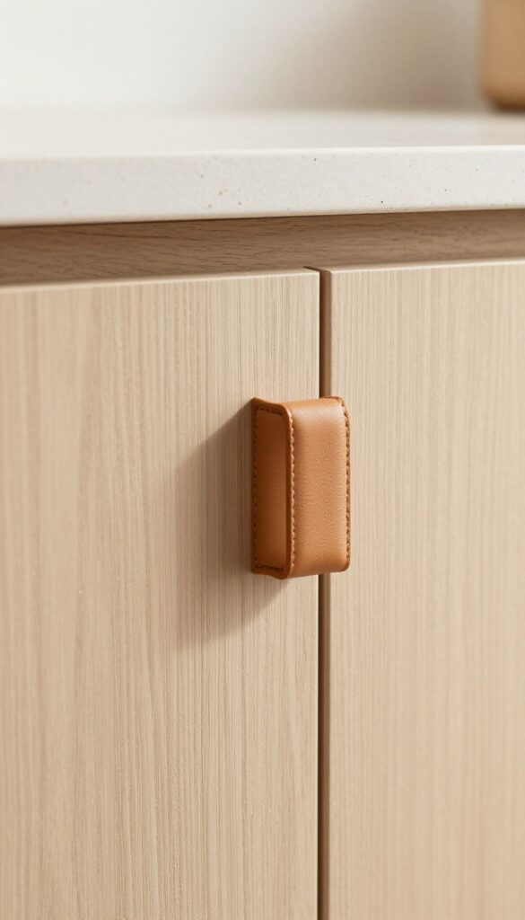 Close-up of a modern kitchen cabinet with a leather tab pull in warm natural light
