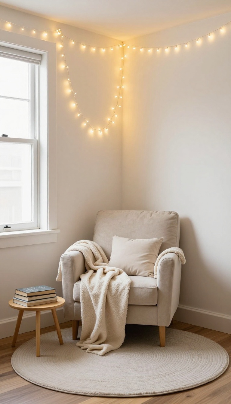 Cozy reading nook in a bedroom corner with fairy lights, armchair, and floor cushion