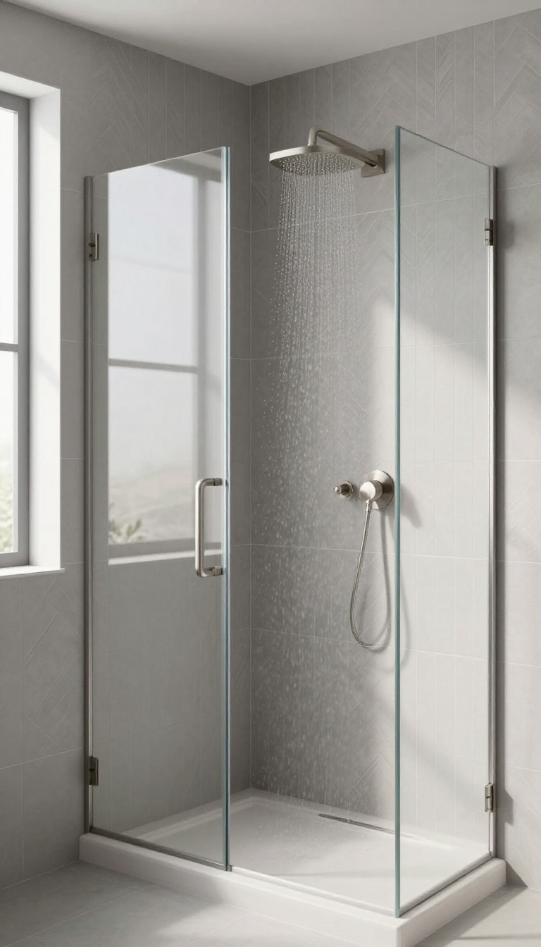 Modern bathroom shower with grey chevron tile pattern