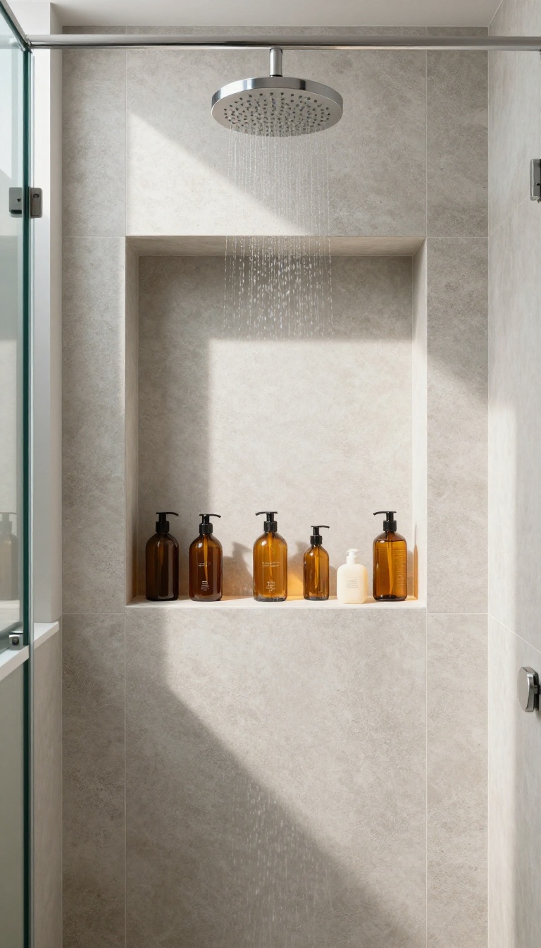 Spacious shower with a recessed niche seamlessly tiled to match the walls, holding amber bottles of toiletries.