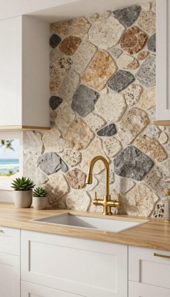 Natural stone mosaic backsplash in earthy tones in a coastal kitchen