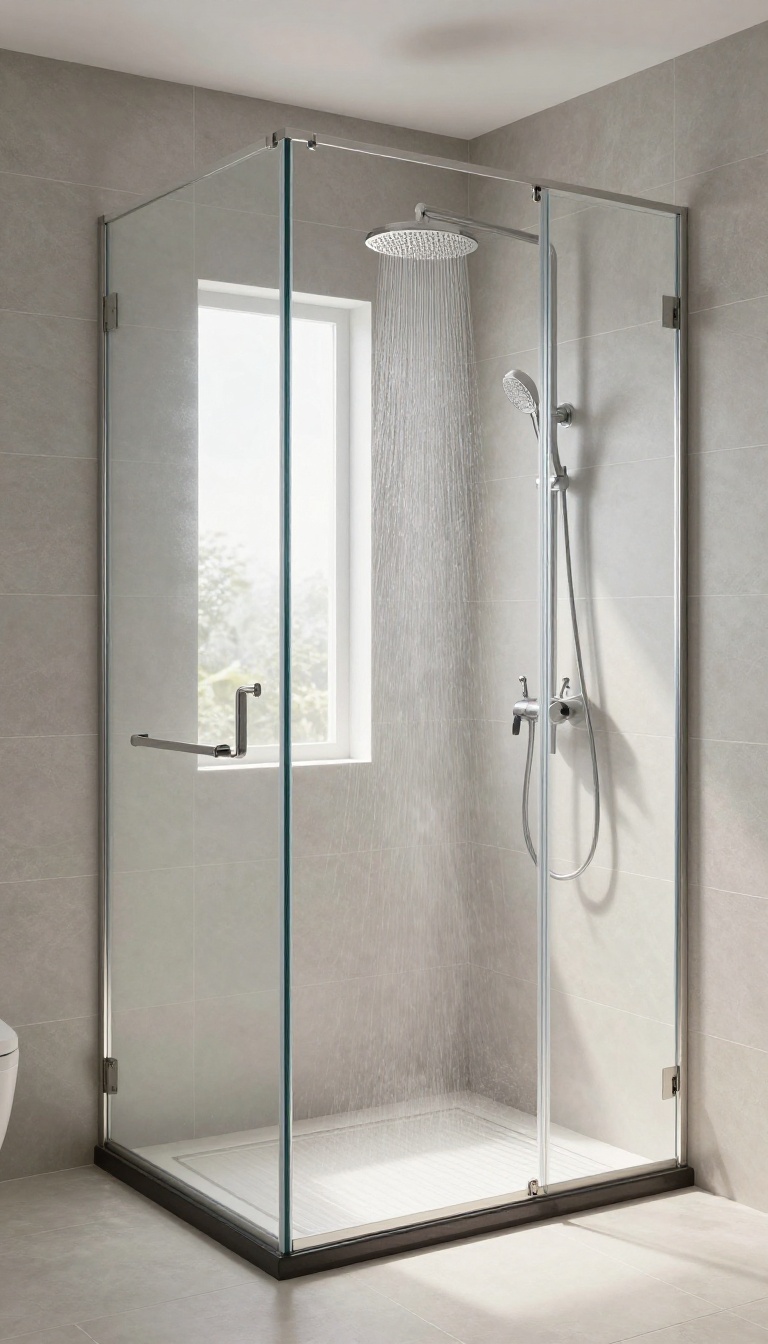Modern enclosed shower with heated floor, warm and inviting