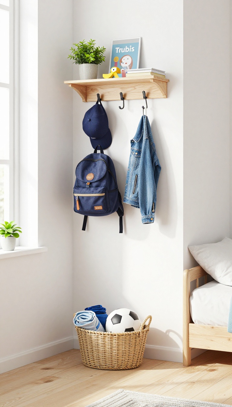 Wall-mounted shelves and hooks in a boy's bedroom, holding a backpack, jacket, and hat, with a basket below.