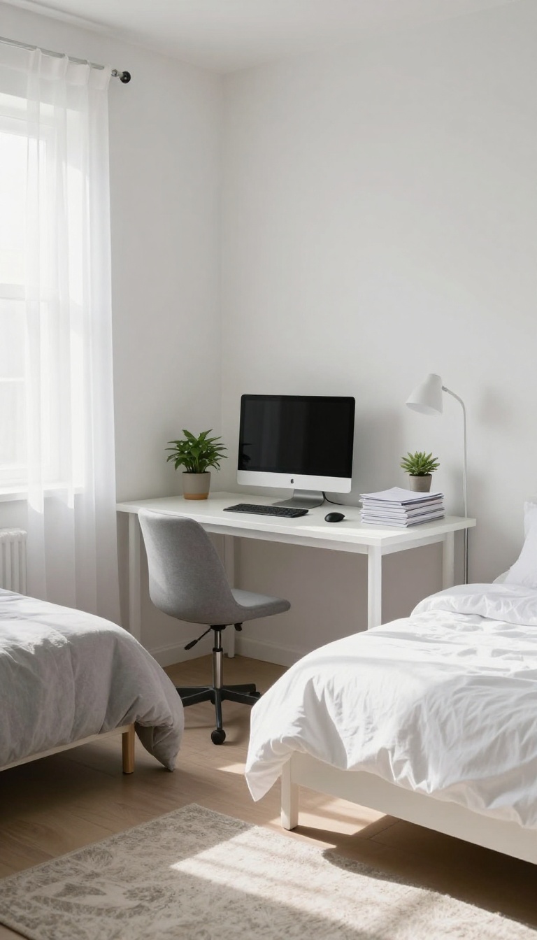 L-shaped desk and corner bed in a small office guest room combo
