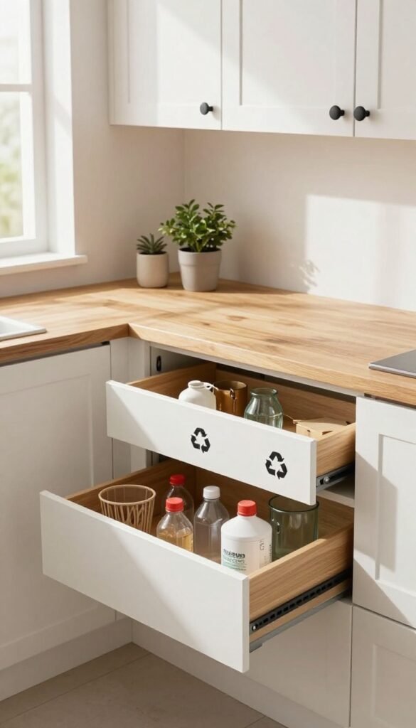 Built-in recycling center with wooden top in a bright kitchen