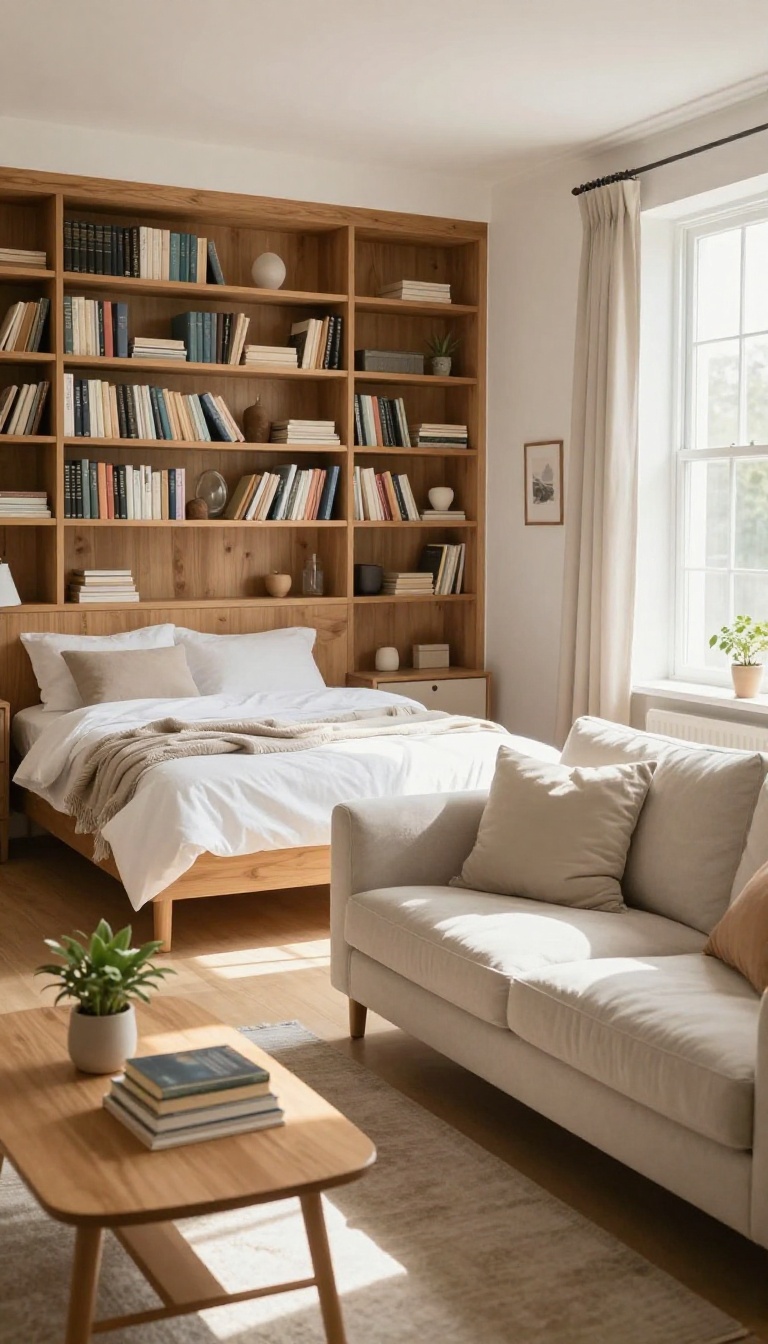 Guest house interior with a bookshelf dividing the sleeping and living areas, bathed in natural light.