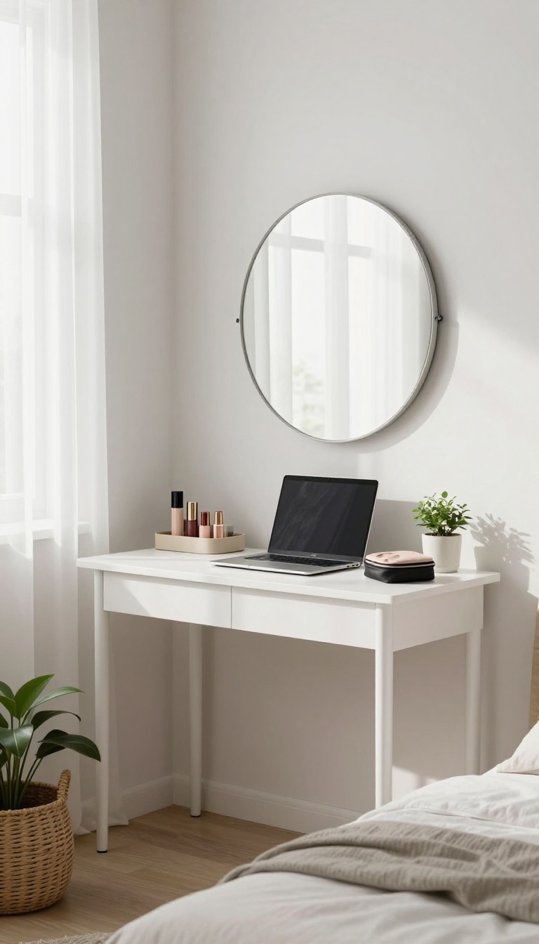 A compact white desk in a small bedroom serving as both a vanity and a workspace, with a laptop, makeup tray, and a wall-mounted foldable mirror.