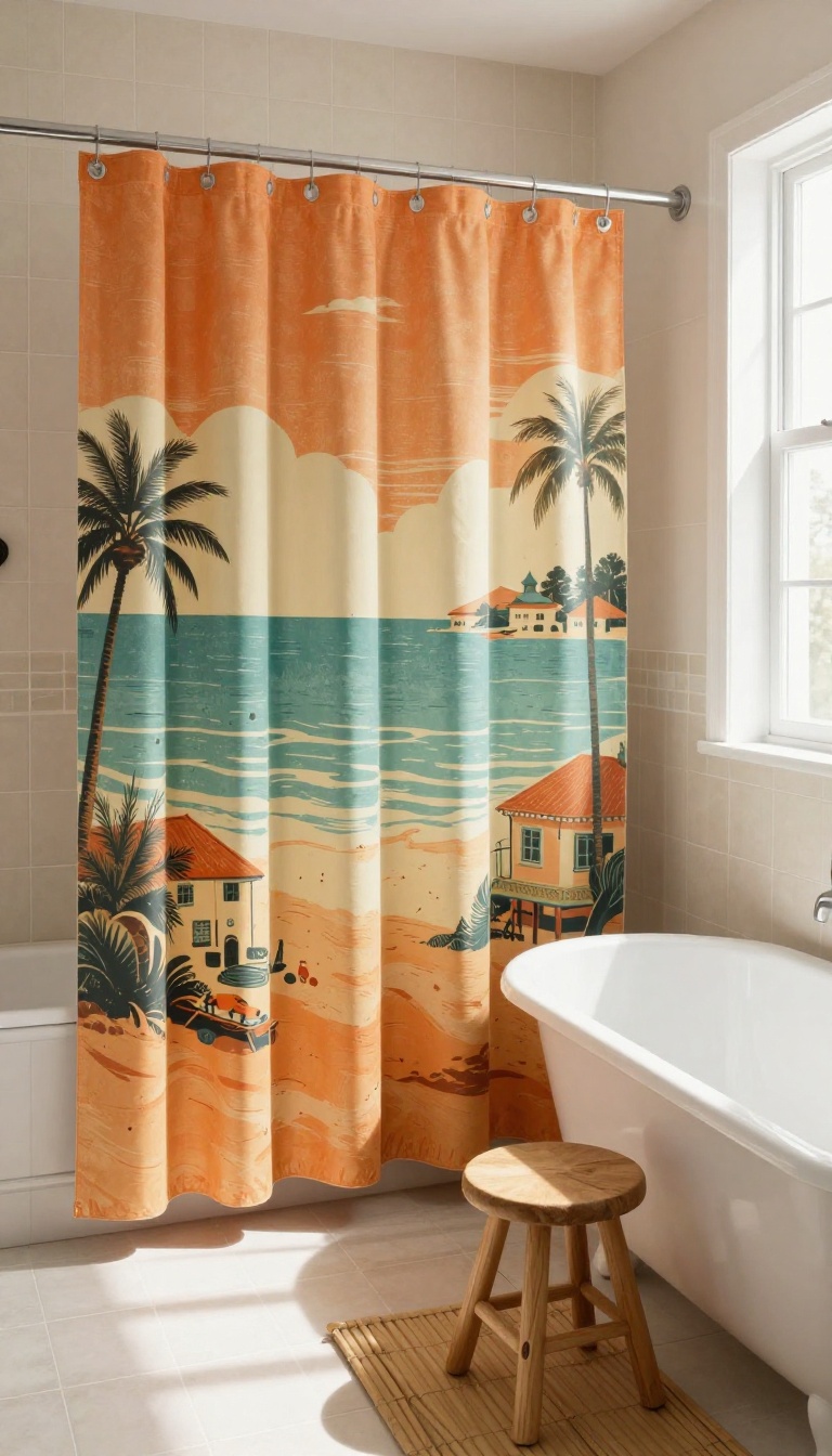 Vintage travel poster shower curtain in a bright bathroom with neutral decor