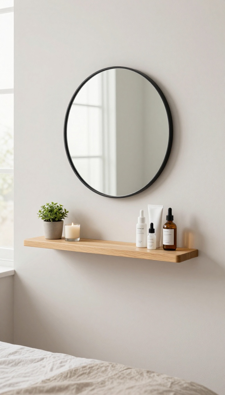 Wall-mounted vanity with floating shelf in a small bedroom, styled with skincare products and a plant.