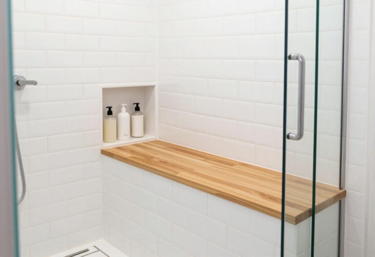 Modern bathroom with a built-in tiled shower bench and storage niche