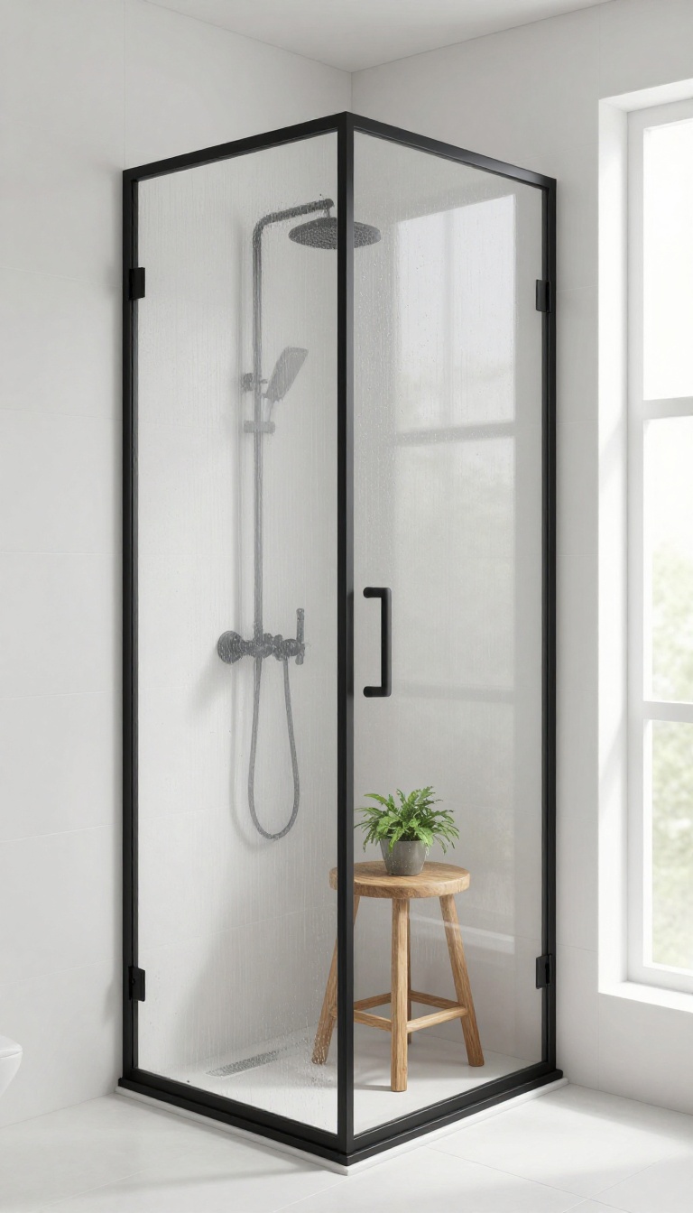 Modern bathroom with a textured glass shower screen in a raindrop pattern, allowing soft light while providing privacy.