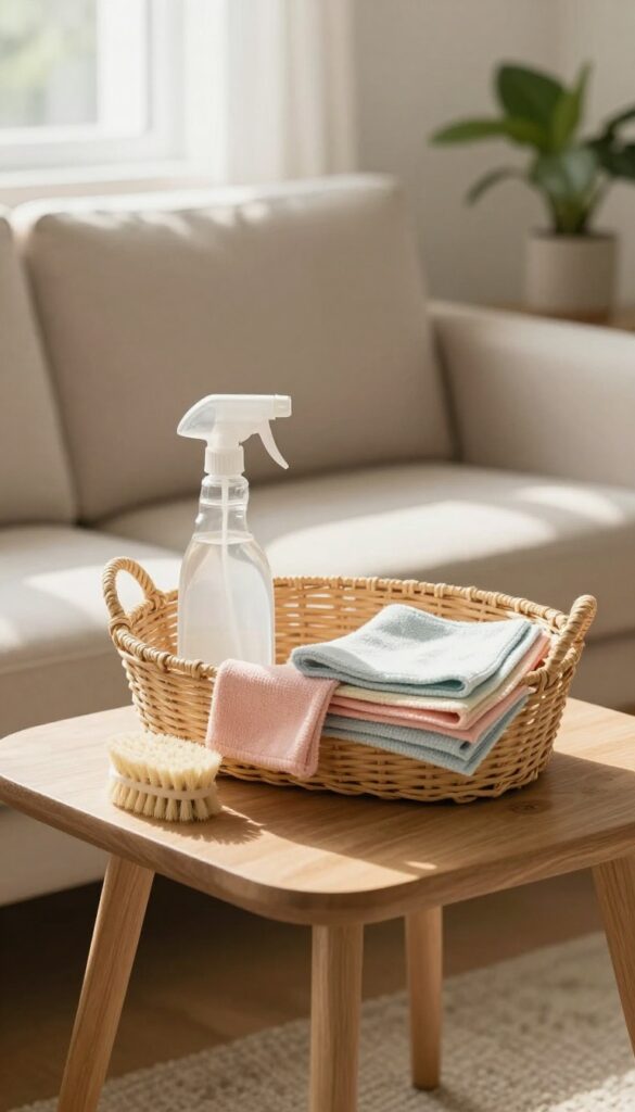 A cleaning caddy with supplies placed on a side table in a bright living room