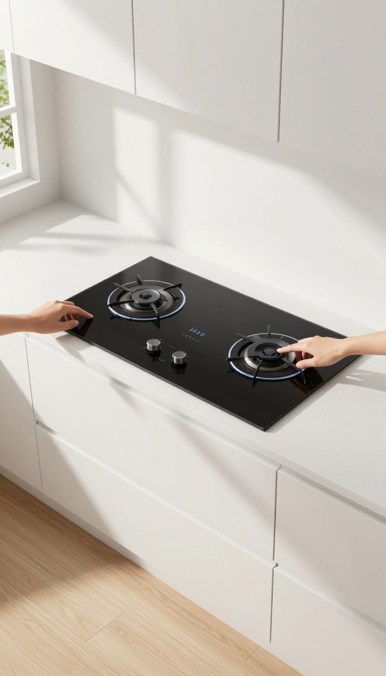 Modern kitchen with a smart stove featuring a touchscreen display, illuminated by natural light