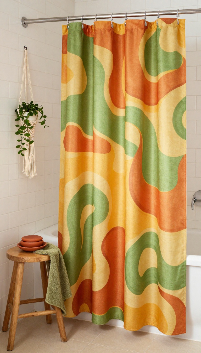 Bathroom with a psychedelic 70s shower curtain featuring burnt orange, avocado green, and mustard yellow swirls, styled with neutral walls and earthy accessories.