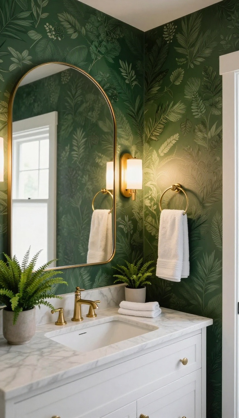 Dark and moody guest bathroom with forest green wallpaper, brass fixtures, and warm lighting