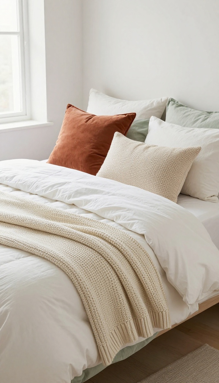 Layered bedding in earthy tones on a bed in a cozy small bedroom