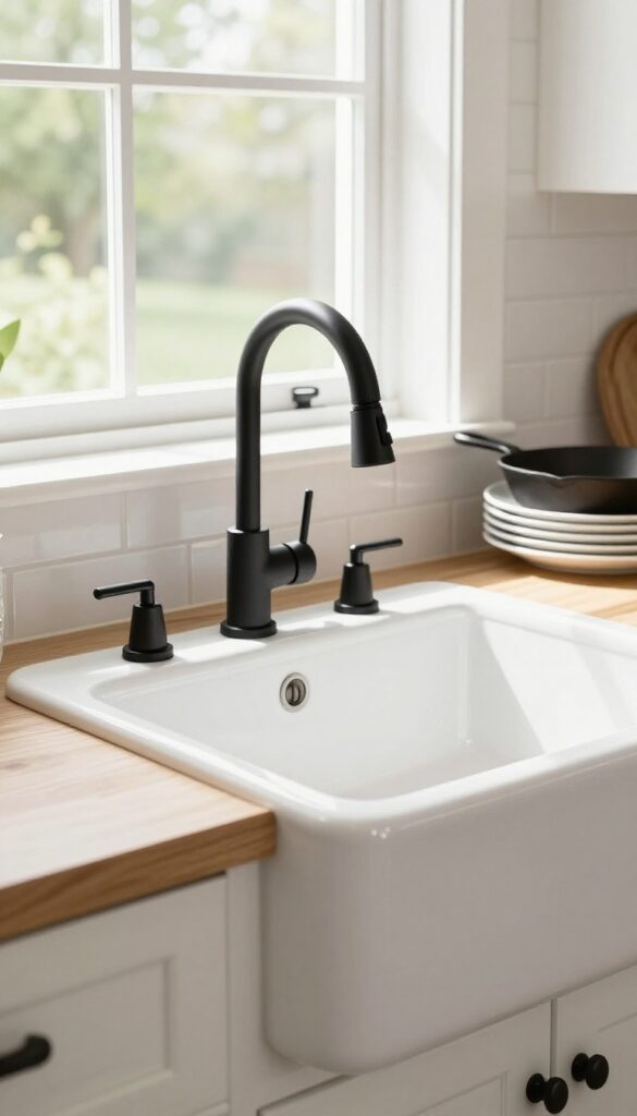 Bright barndominium kitchen with farmhouse sink and matte black gooseneck faucet