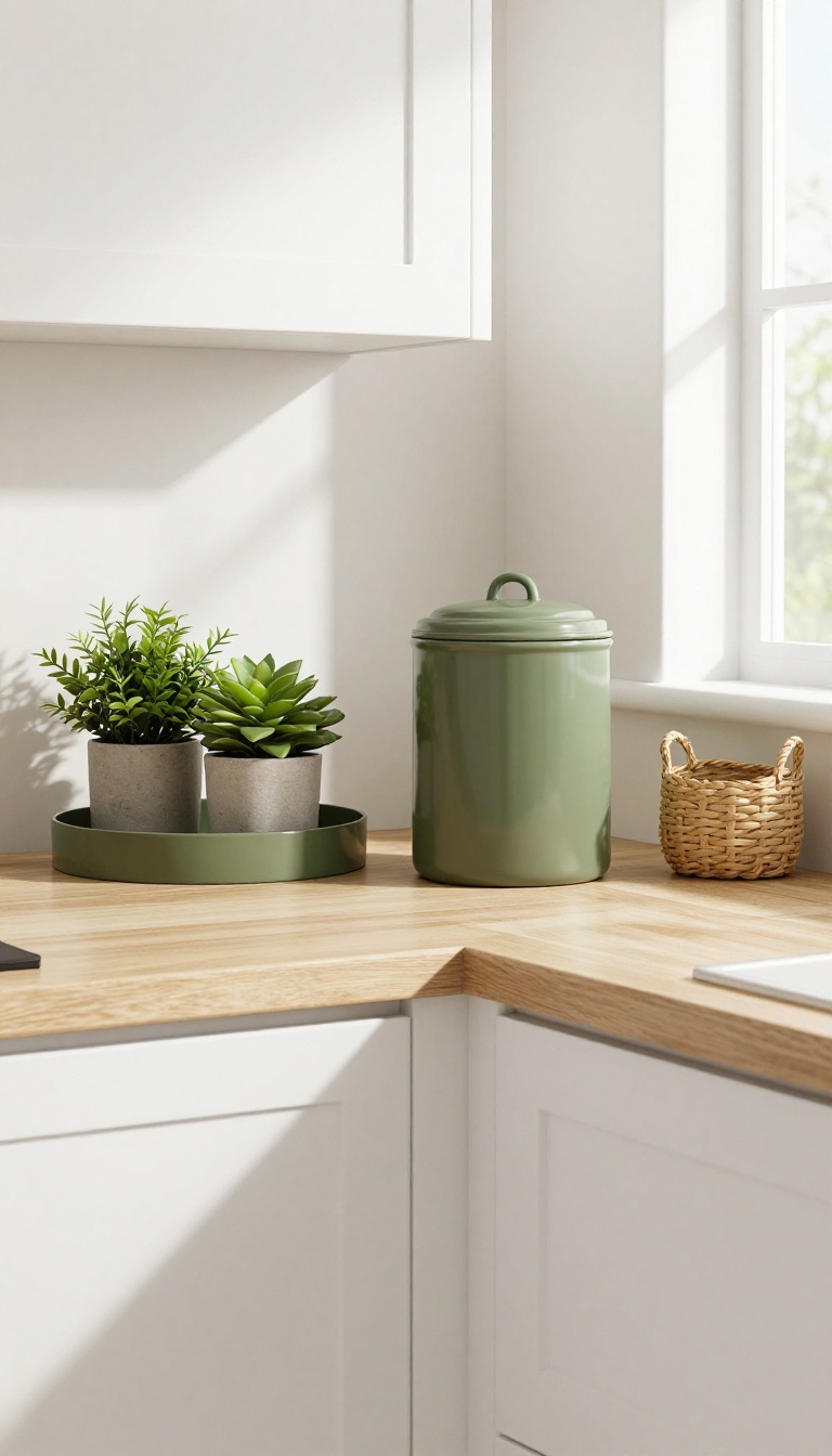 Olive green kitchen accessories on a white countertop in a bright, cozy kitchen