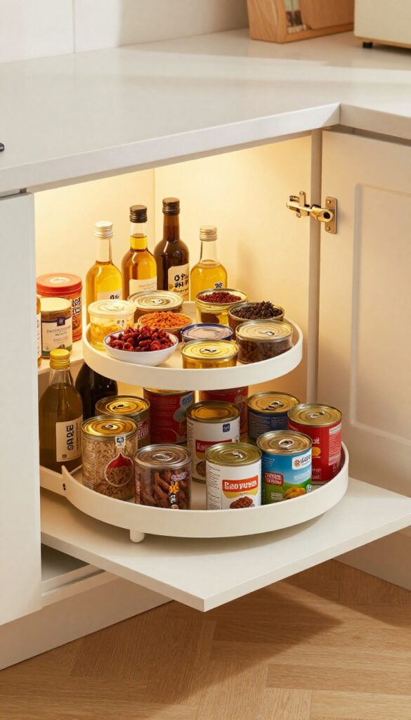 Open corner kitchen cabinet with a lazy Susan holding neatly arranged spices, oils, and canned goods in bright natural light.