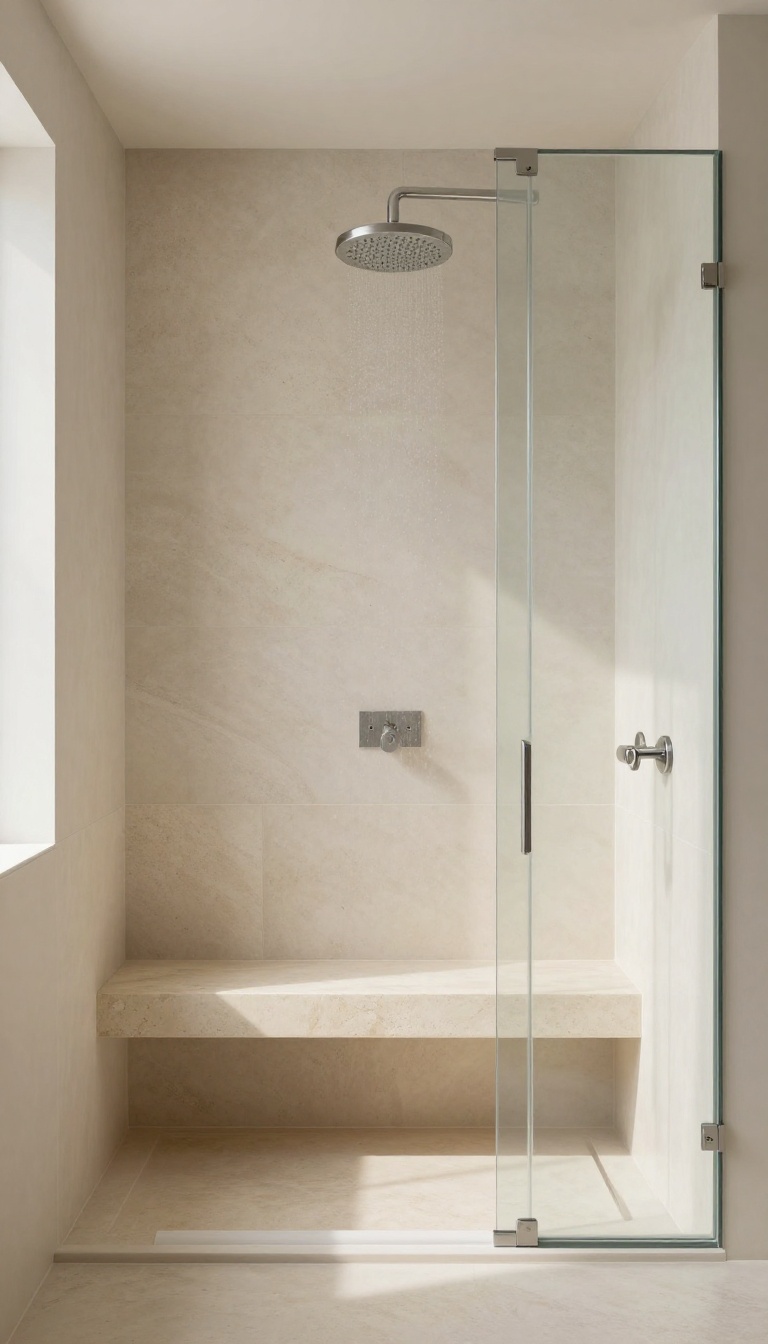 Modern walk-in shower with a built-in stone bench, natural light, and minimalist design.