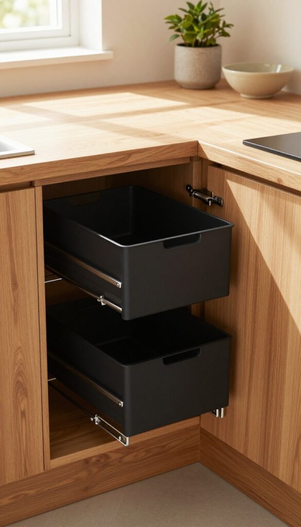 Open cabinet with pull-out bin drawer in a warm, organized kitchen