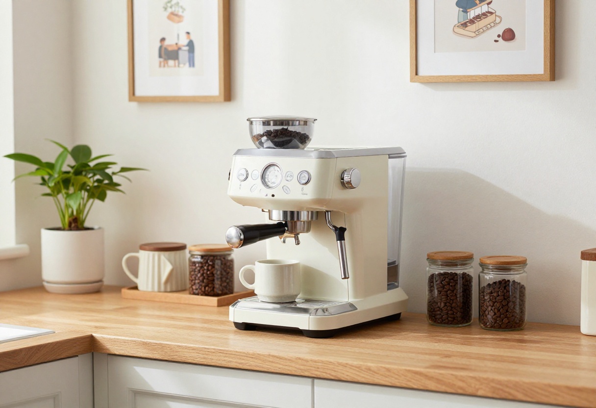 Compact coffee station on a rolling cart in a cozy kitchen corner
