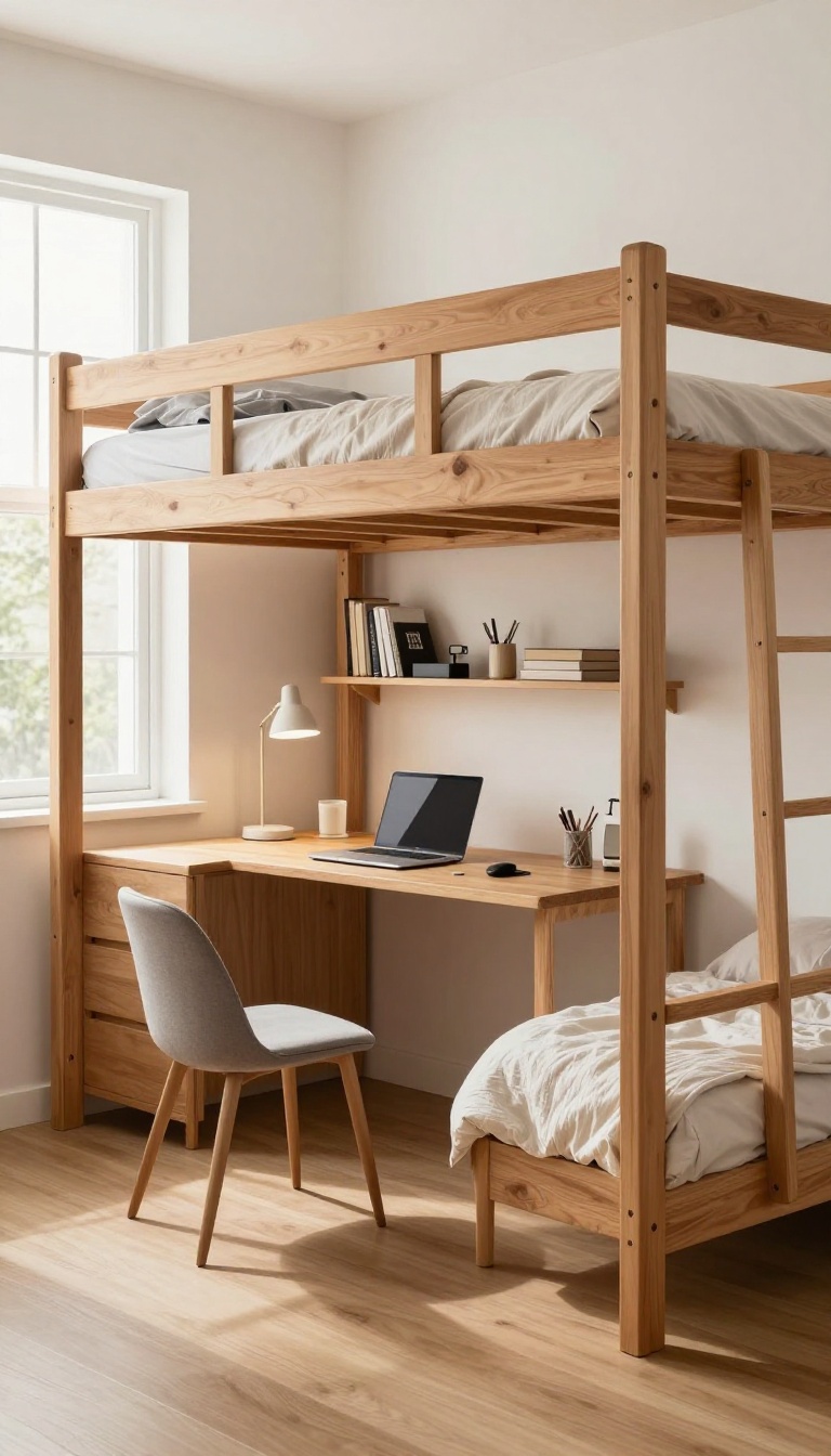 Loft bed with a desk below in a bright, organized guest room office combo