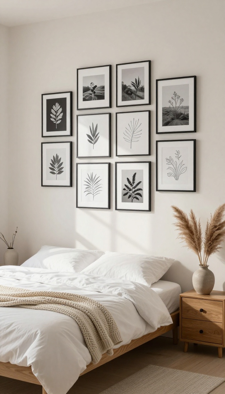 Cozy modern guest bedroom with a neutral gallery wall above the bed, featuring black-and-white photos and botanical prints in matching black frames.
