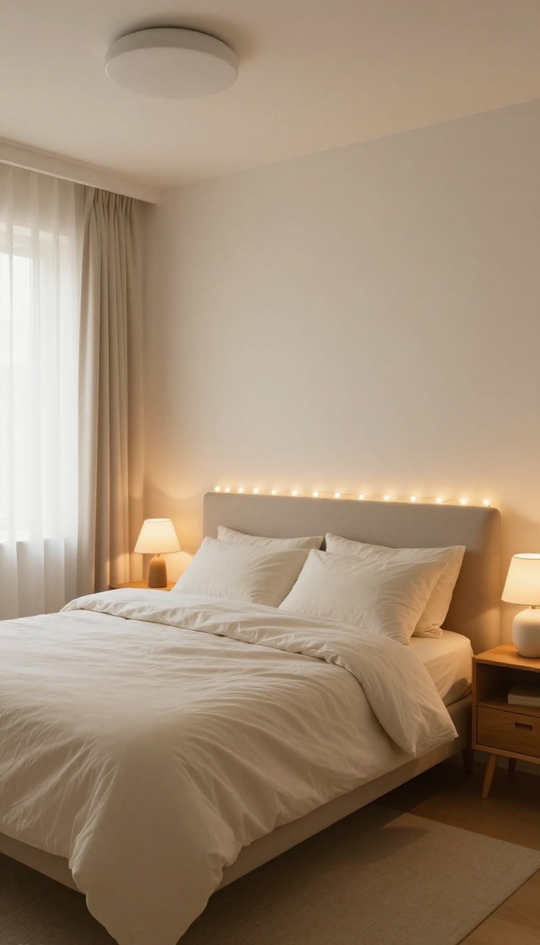 Cozy small bedroom with layered warm lighting, fairy lights, and a serene atmosphere