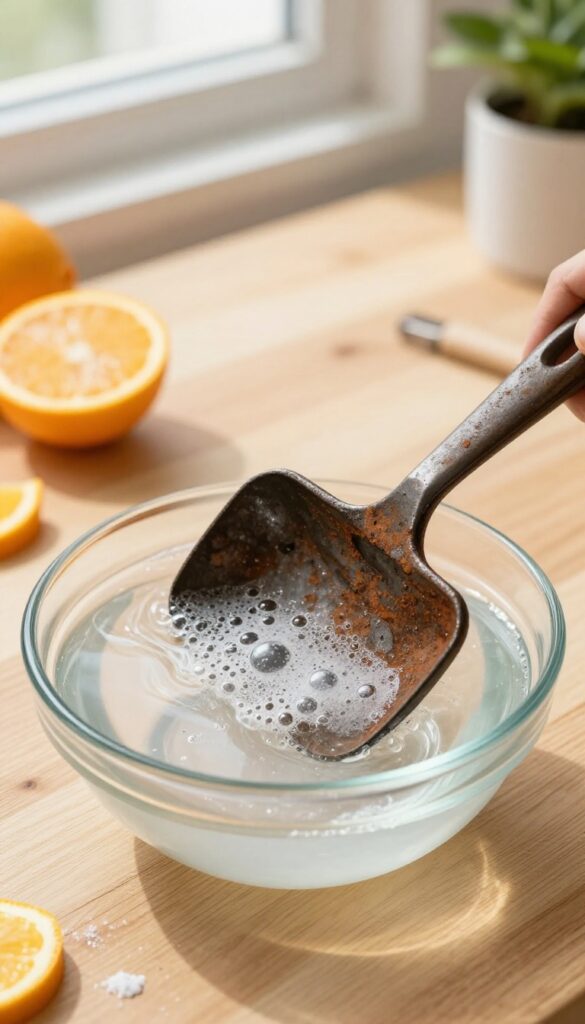 A rusty metal tool soaking in a citric acid solution in a glass bowl on a wooden table with citrus slices nearby.