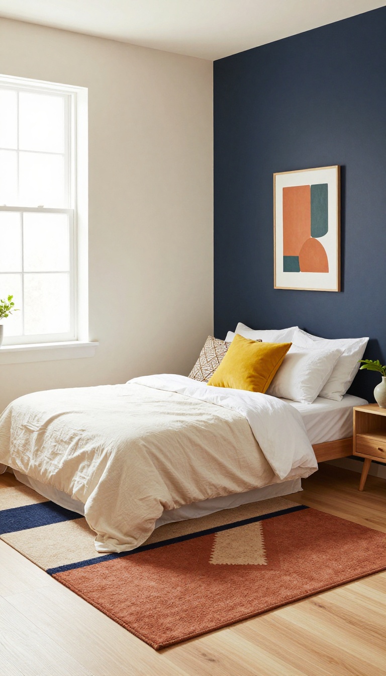 Small bedroom with light walls and bold navy accent wall, mustard pillow, and patterned rug