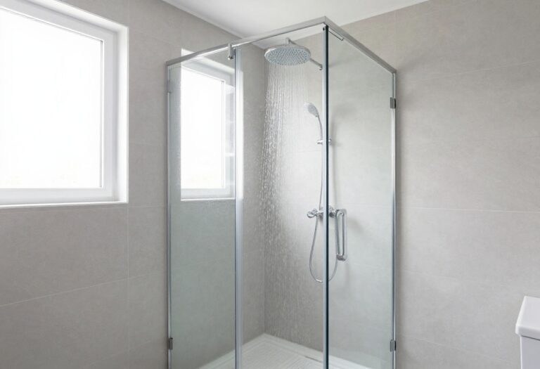 Modern enclosed shower with glass panels and rainfall showerhead