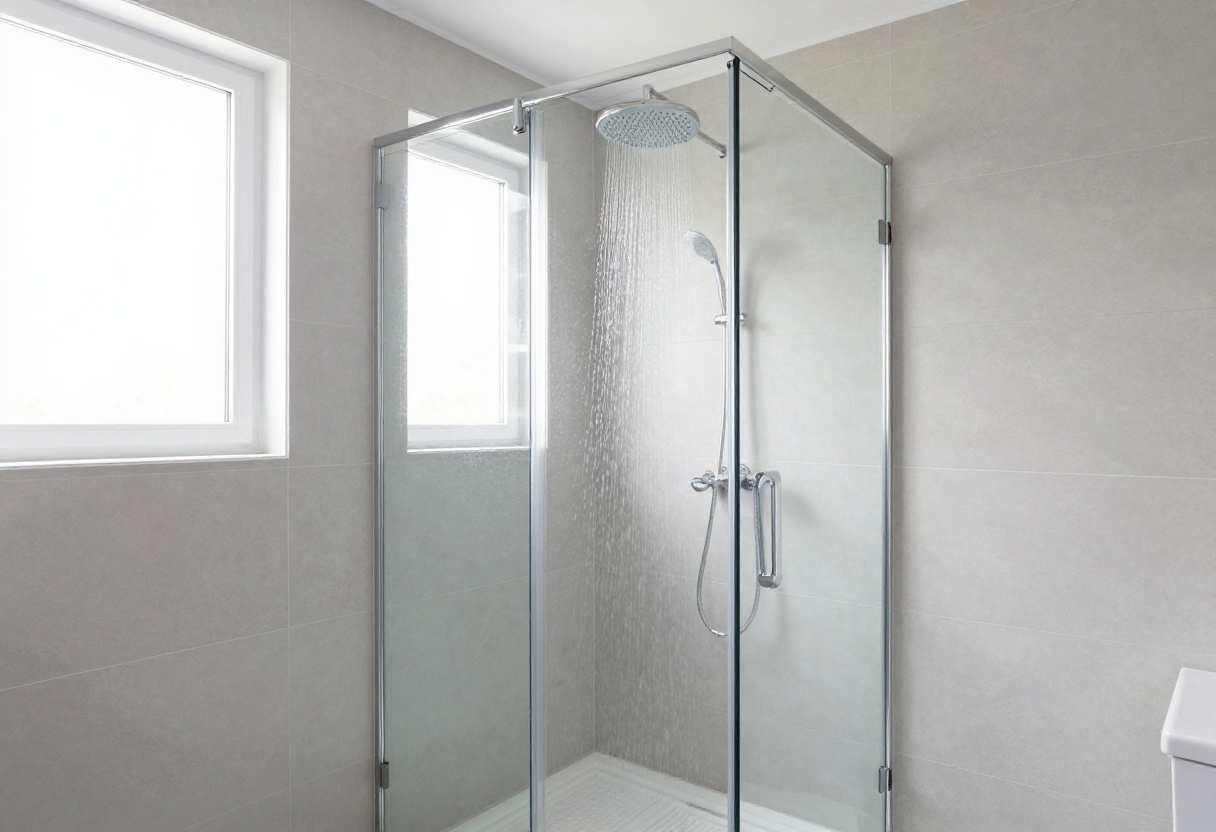 Modern enclosed shower with glass panels and rainfall showerhead