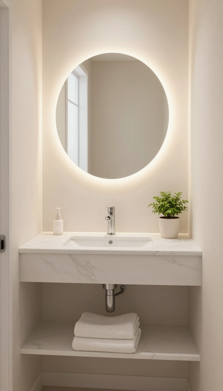 Small guest toilet with a round backlit mirror above a floating vanity, glowing softly and creating a warm, spacious feel.