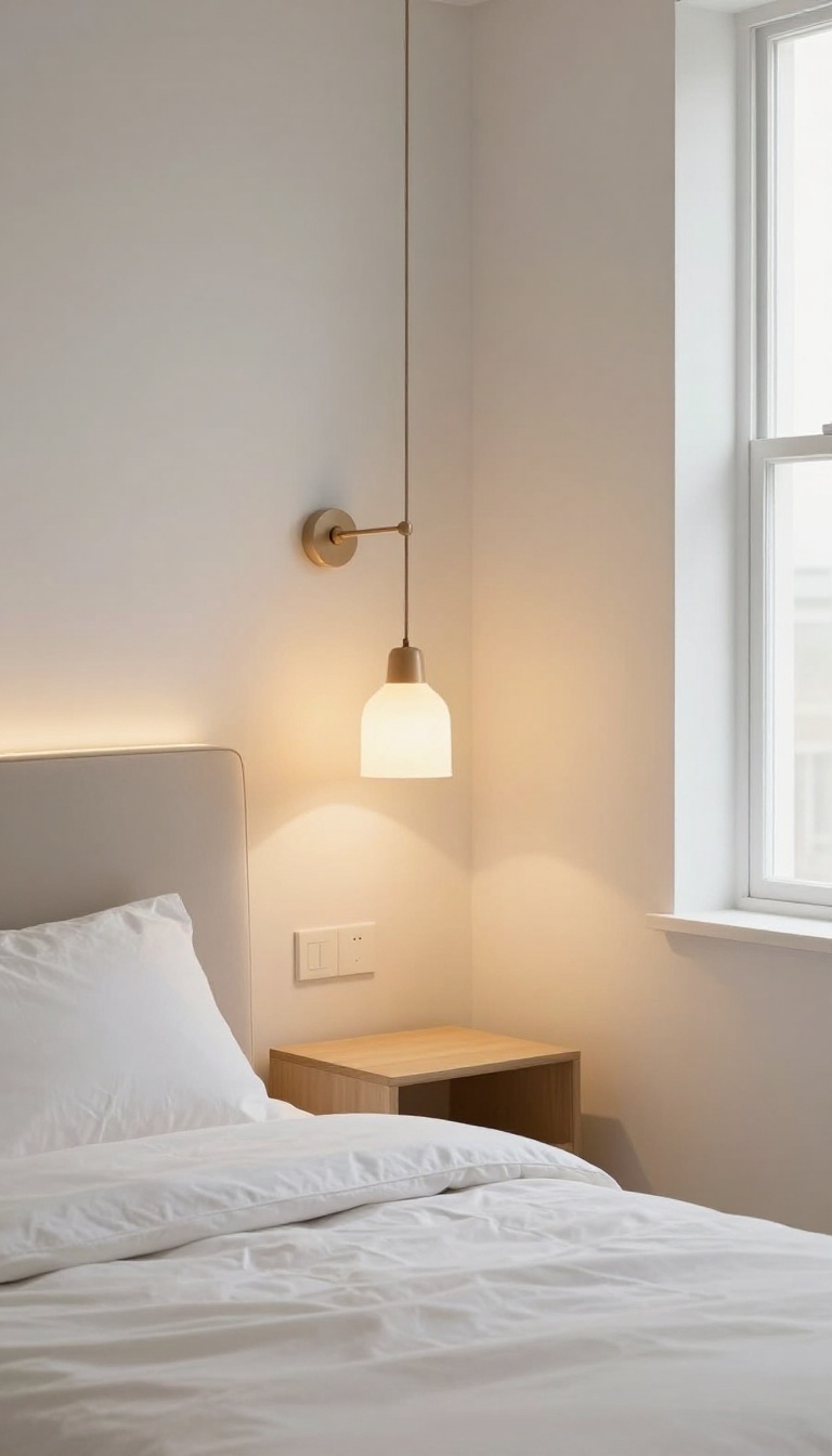 Small bedroom with layered ambient, task, and accent lighting, including a pendant lamp, wall sconce, and LED strips under the bed.