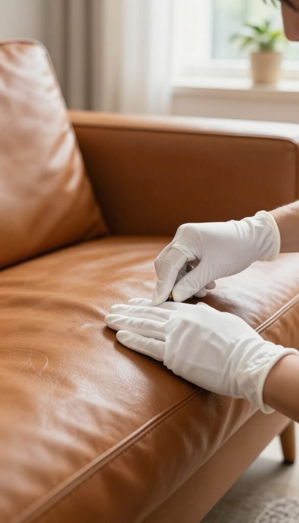 Professional leather restoration specialist conditioning a high-end leather couch in a bright living room